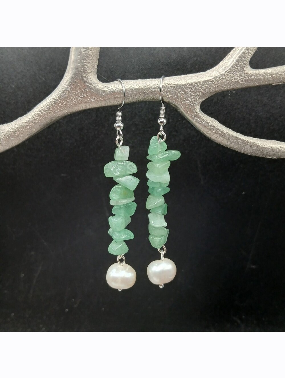 Handmade Aventurine Semi-Precious Stone Cultured Pearl Bead Dangled Earrings